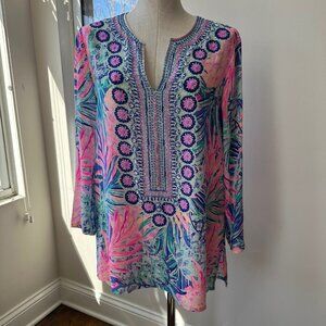 Lilly Pulitzer Renato Beaded Silk Tunic Shirt Coverup Gypset Paradise Size M
